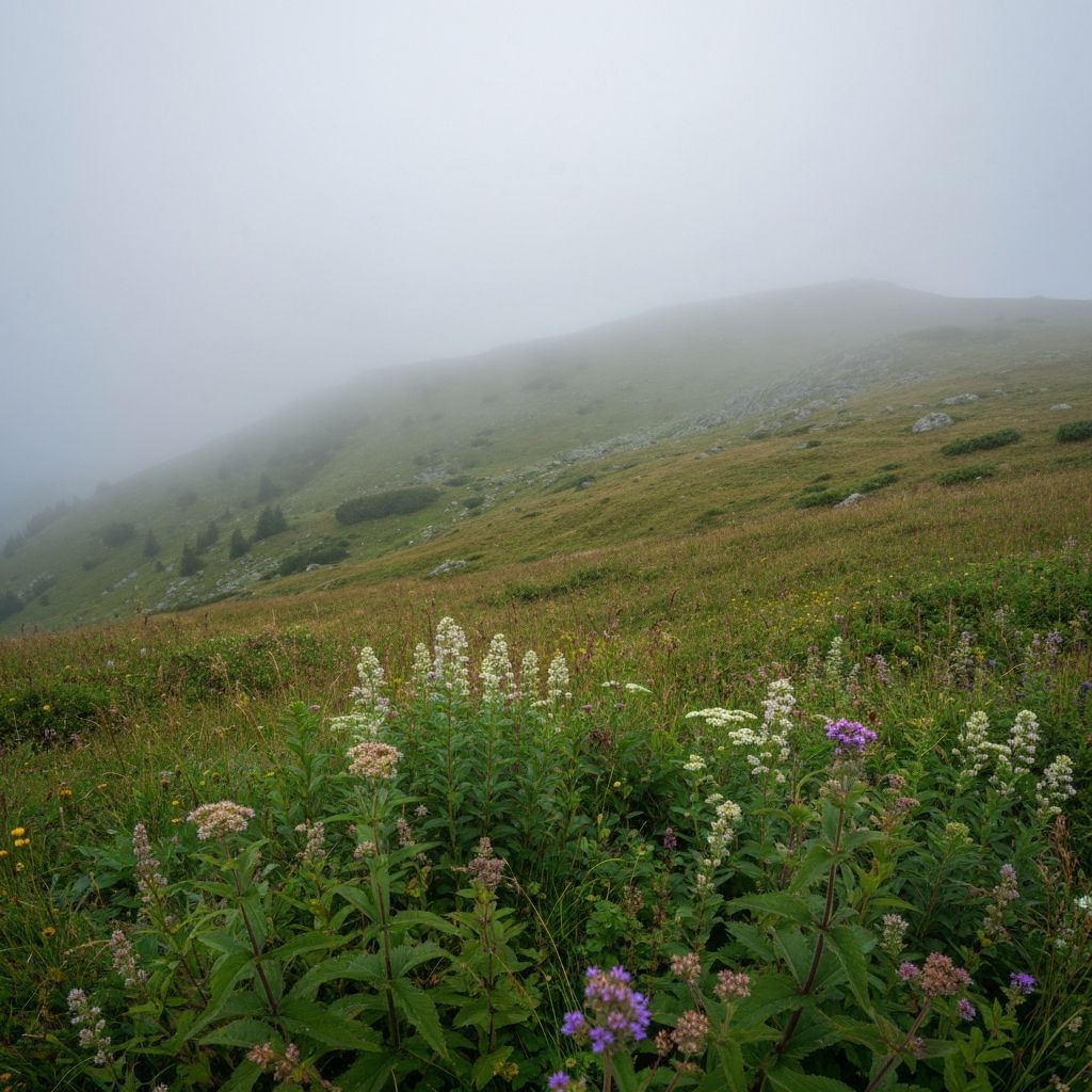 Nebel über alpinen Wiesen mit Wildpflanzen